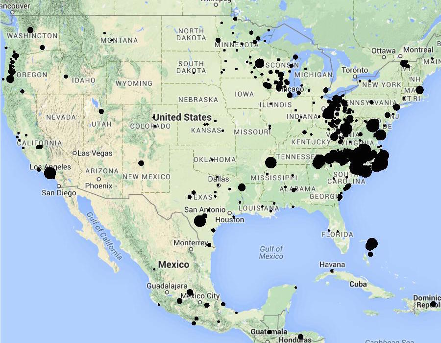 map of North America showing locations of 3,000 SLAAP speakers